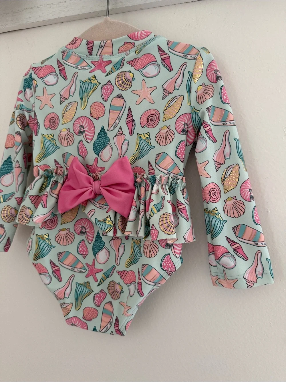 Flapdoodles Baby 12 m Long-Sleeve Seashell Ruffle One-Piece Swimsuit - Pink